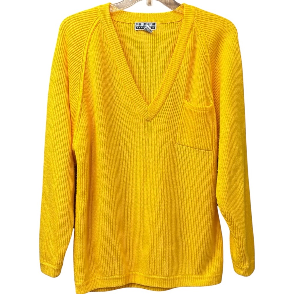 Oversized yellow vintage v neck knit sweater, large